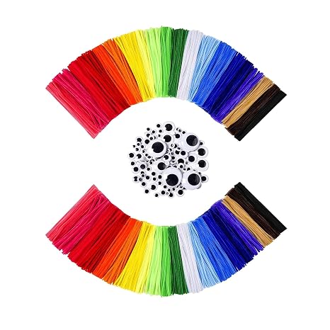 Pipe Cleaners Bulk, 1000 Pcs in 20 Colors, 12 Inch x 6mm Chenille Stems Craft Kit with 100 Self-Adhesive Wiggle Eyes & Storage Bag for Flower Crafts, Classroom & DIY Projects