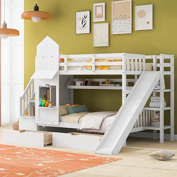 Ball & Cast Twin-Over-Twin Castle Style Bunk Bed,Wood Bunkbed w/ 2 Drawers and 3 Shelves,Full-Length Fence,Bedframe with Slide & Storage Ladder,Space Saving,Slat Support,for Child's Bedroom,White