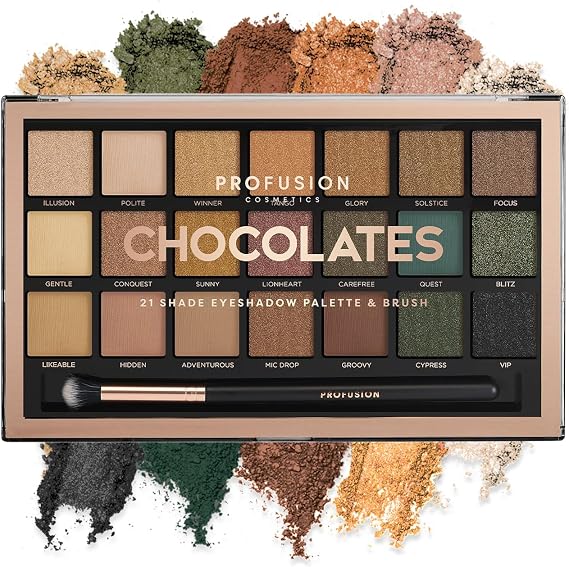 Profusion Cosmetics 21 Shade Eyeshadow Palette and Brush, High Pigmented