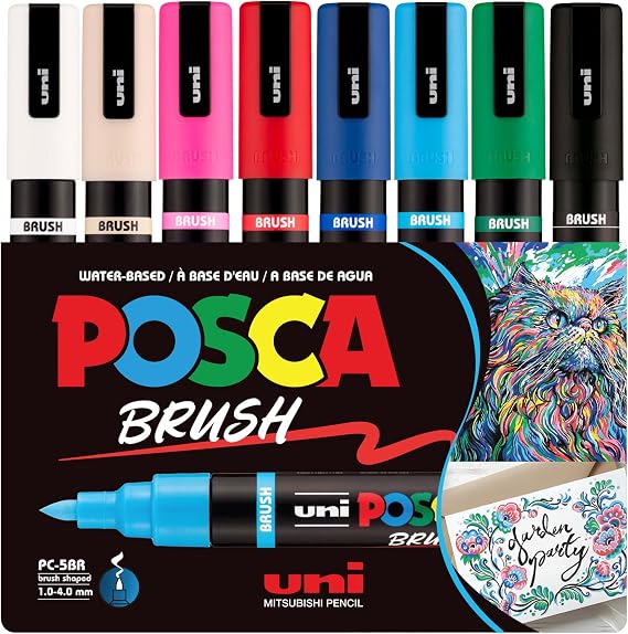 POSCA PC-5BR Brush Tip Paint Markers, 8 Count Reversible Brush Set