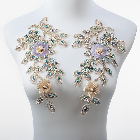 Pair Embroidered Beaded Pearl Flower Fabric Colorful Rhinestones Applique, Handmade Sewing Tool for Wedding Dress Gown Bodice Costume Clothing Craft DIY