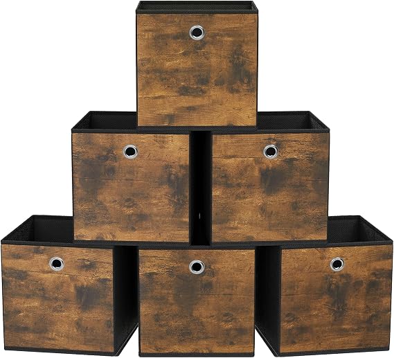 SONGMICS Saklama kutusu, 6'lı set, düzenleme kutuları, dokusuz kumaş, katlanır kutu, 26 x 26 x 28 cm, kumaş kutu, küp raf için, kıyafet düzenleyici, vintage kahverengi-siyah RFB126B01