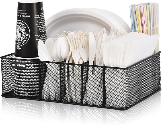 Paper Plate Organizer for Countertop, Black | Silverware Caddy with 6 Compartments for Cup, Napkin, Utensil Holder Caddy for Party, Camping, Picnic