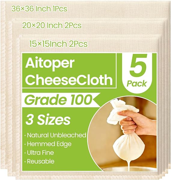 Cheese Cloths, 5 Pcs Organic Cheesecloth for Straining Cooking | 3 Sizes Reusable Cheese Cloth, Grade 100, Unbleached Cotton Muslin Cloth with Hemmed Edges, 36x36/20x20/15x15 Inch