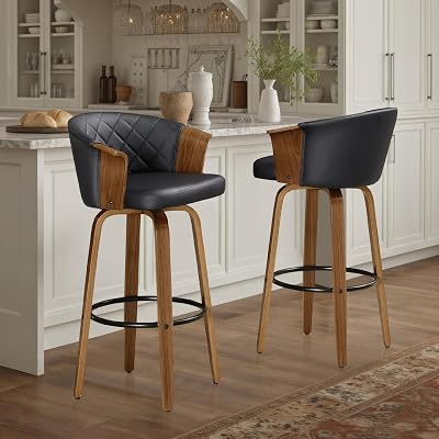 Zouron Swivel Bar Height Stools, Mid Century Modern Barstools with Back, Faux Leather Upholstered Bar Chairs with Wood Legs for Dining Room Home Bar, Set of 2, Diamond, Black