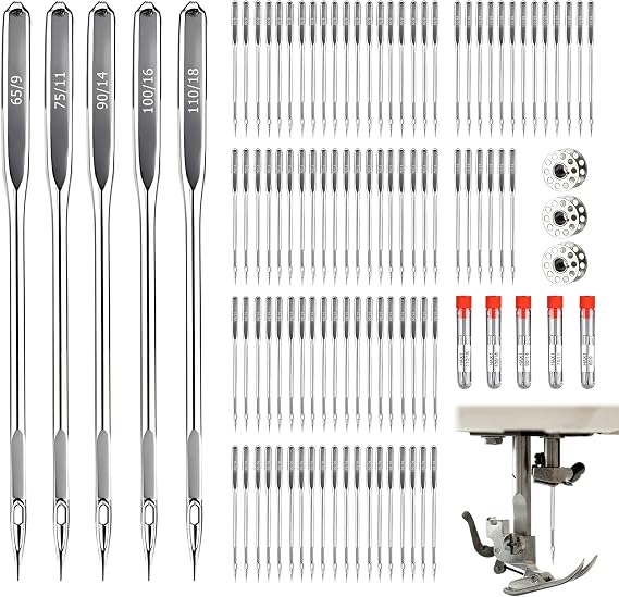 100 Pcs Universal Sewing Machine Needles for Singer Sewing Machine Needles Brother Sewing Machines Needles, 5 Sizes(65/9 75/11 90/14 100/16 110/18), Compatible with Singer,Brother,Varmax