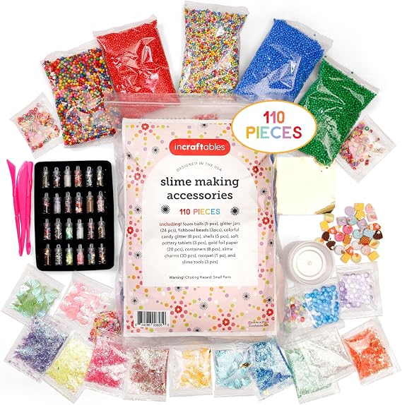 Incraftables Slime Kit, DIY Craft Supplies with Charms, Foam Balls, Fishbowl Beads, Candy, Glitters, Shells, Foil, Containers & Tools