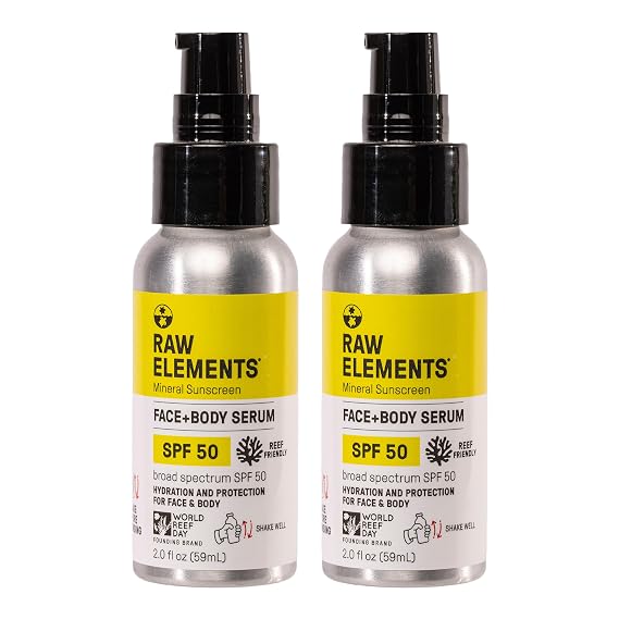 Raw Elements Face + Body Serum SPF 50 - Mineral Sunscreen, 2oz (2-Pack) | Reef-safe, water-resistant, travel-size formula with broad-spectrum UVA/UVB protection for all ages.