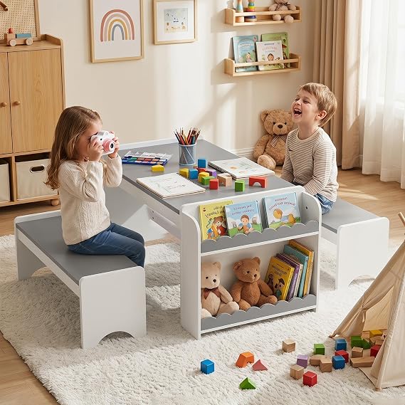 Kids Table and Bench Set, Montessori Kids Table and Chair Set, Indoor Wooden Toddler Activity Table with Bookshelves, 37X22 Desktop, Children Desk for Home, Classroom, Boys, Girls (Grey)