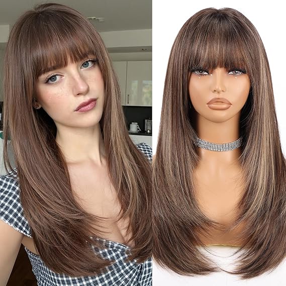Allbell Highlight Dark Brown Wigs for Women Long Straight layered Wig With Bangs 22 inch Natural Looking Wig Synthetic Heat Resistant Fiber for Daily Party Use