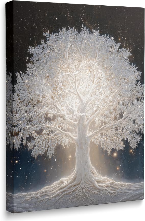 Glowing Tree of Life Under Starry Night Sky Abstract Canvas Wall Art Framed Mystical Fantasy Nature Painting Prints Posters Artwork for Modern Living Room Bedroom Wall Decor Unique Gift 12x16 Inches