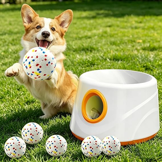 Automatic Dog Ball Launcher, Dog Ball Thrower with 6 ETPU Tennis Balls, 3 Launch Distance(20/33/46ft), Automatic Ball Thrower for Dogs, Dog Tennis Ball Launcher for Indoor Outdoor(Orange)