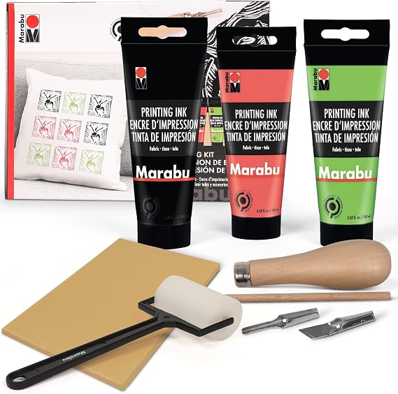 Marabu Block Printing Kit - Linocut with 3 x 100ml Ink, Cutter, Rubber Block, and Brayer Roller Linoleum Printmaking Kit, Starter 6pc Set, Multicolor