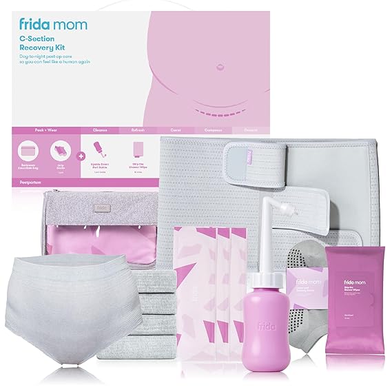 Frida Mom C-Section Recovery Must Have Kit for Labor, Delivery, Postpartum, Socks, Peri Bottle, Disposable Underwear, Abdominal Support Binder, Shower Wipes, Silicone Scar Patches, Toiletry Bag