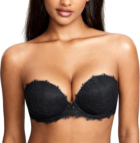 DOBREVA Women's Eyelash Lace Strapless Bra Push Up | Jomarley Lace, Padded, Underwire, Plunge, Convertible Straps, Plus Size, Support, Sexy