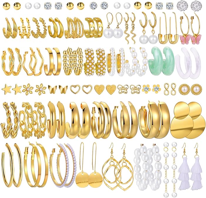 42 Pairs Gold Hoop Earrings Set for Women, Hypoallergenic Multipack Small to Chunky Hoops, Pearl & Twisted Trendy Earrings for Everyday Wear & Mothers Day Gifts