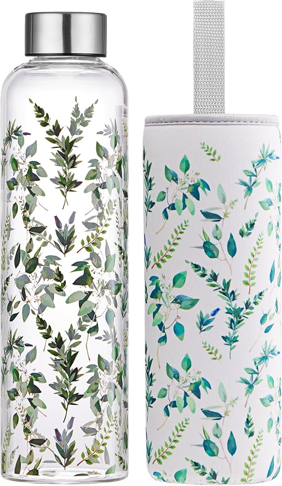 Glass Water Bottle 1000ml Artistic Glass Drinking Bottle with Lid Leak Proof Borosilicate Water Bottle with Protection Sleeve, Fine Gifts for Girls and Women | with Lid, Leak Proof, Borosilicate, Fine Gifts for Girls and Women