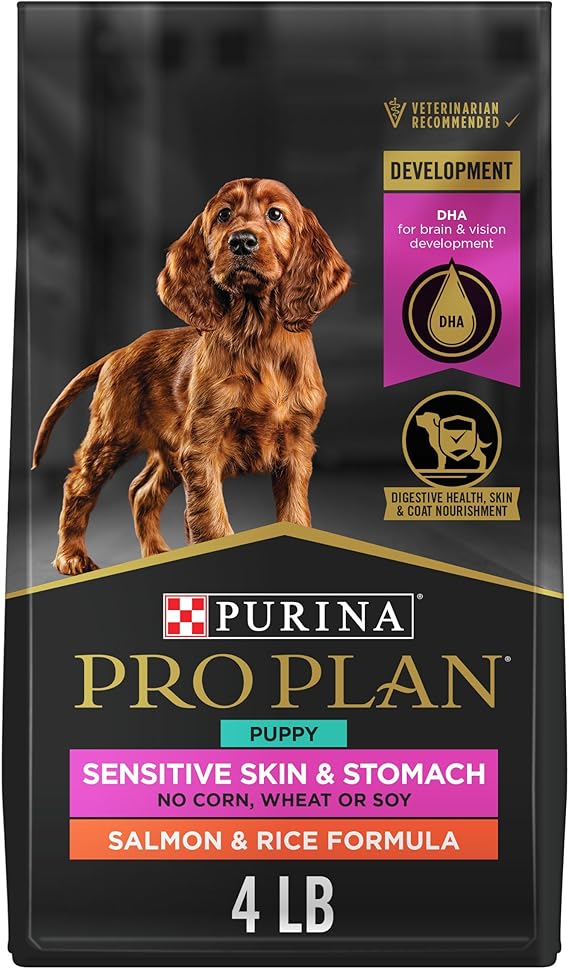 Purina Pro Plan Sensitive Skin & Stomach Puppy Dog Food, Salmon, 4 lb Bag | Real Salmon & Rice Formula, with prebiotic fiber, easily digestible with fish oil, a source of EPA and DHA, for heart health