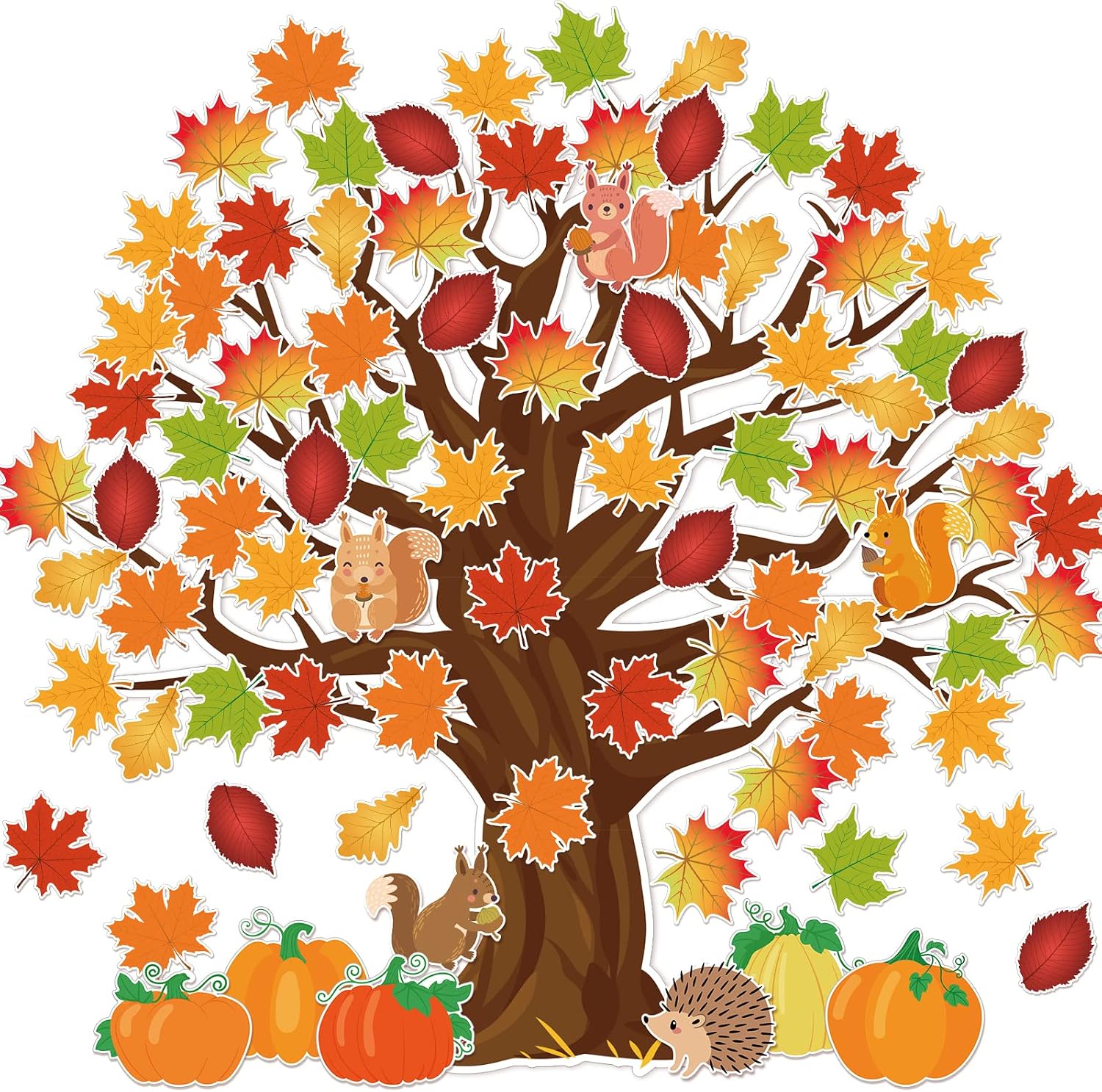 Whaline 104Pcs Fall Maple Leaves Tree Cutouts Autumn Bulletin Board Decoration Pumpkin Squirrel Cutouts Fall Seasonal Tree with 200Pcs Glue Points for School Home Chalkboard Wall Decor