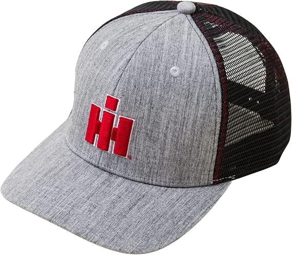 International Harvester Trucker Cap, IH Heathered Grey with 3D Red Logo Patch. Mesh Back, Officially Licensed, HTR Grey/Black