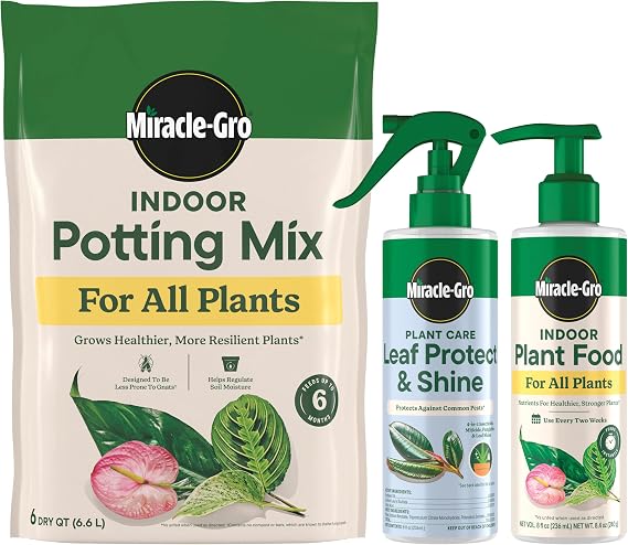 Miracle-Gro Indoor Plant Grow, Feed & Protect Houseplant Care Bundle | 6 qt. Indoor Potting Mix, 8 fl. oz. Plant Food for All Plants, 8 fl. oz. Plant Care Leaf Protect & Shine, 3-Piece Bundle