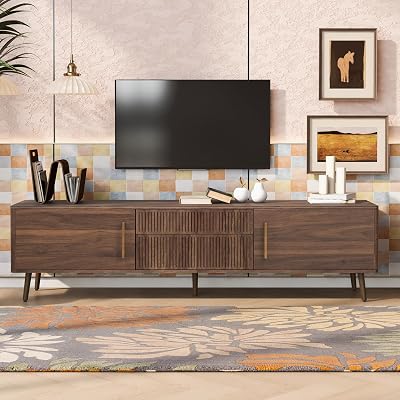 Msutree TV Stand Shelf for TVs up to 80 Inch, 71 Mid-Century Media Console Table TV Cabinet with 2 Drawers and 2 Doors, Wood Entertainment Center for Under TV Storage, for Living Room, Bedroom