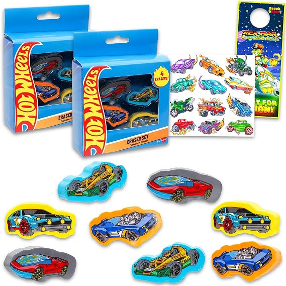 Hot Wheels Party Favor Set - Bundle with 8 Shaped Erasers Featuring Racecars Plus Temporary Tattoos, More | Hot Wheels Party Supplies Kit for Kids, Boys, Girls