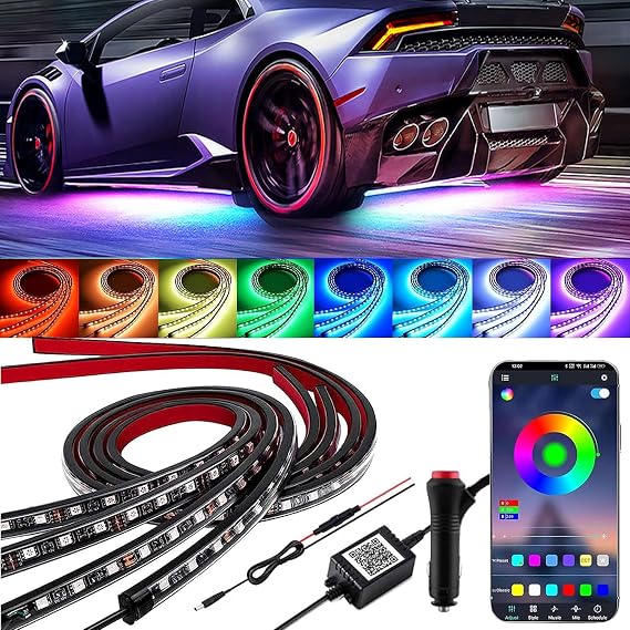 YUGUANG 4Pcs Underglow Light Kit for Car, APP Control Multicolor Car Underglow Light Kit Music Sync RGB Underbody Strips Light Waterproof for Car Trucks SUVs.