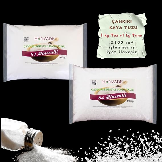 Hanzade Bitkisel 84 Mineralli Doğal Çankırı Kristal Kaya Tuzu 1 Kg Toz (Öğütülmüş) + 1 Kg Tane (Öğütülmemiş)