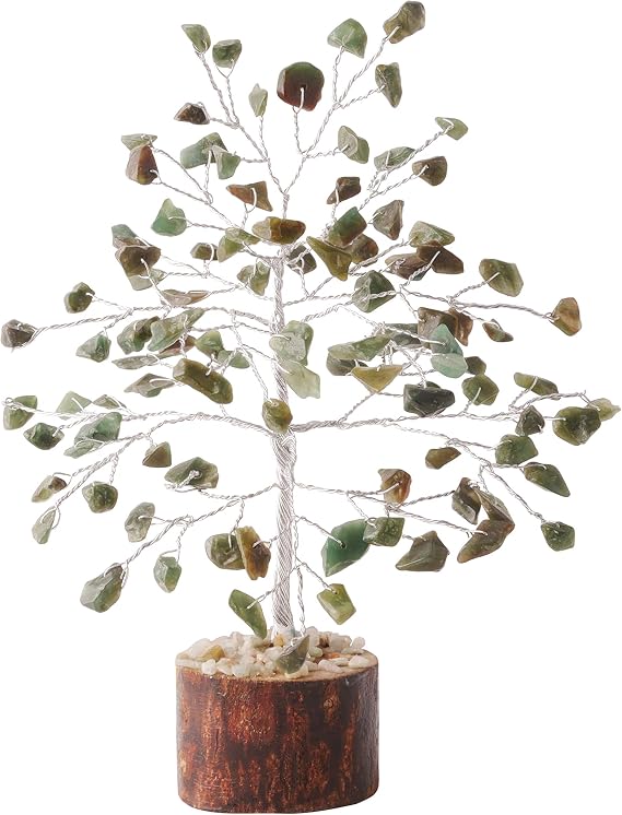 FASHIONZAADI Green Aventurine Natural Gemstone Feng Shui Bonsai Money Tree Healing Crystals Chakra Trees Reiki Stone Good Luck Chakras Crystal Home Office Decor Gift Size -7-8 Inch (Silver Wire)