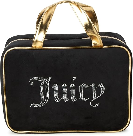 Juicy Couture Black Makeup Bag Cosmetics Organizer Travel Essentials Weekender Velour Rhinestone Gold Trim