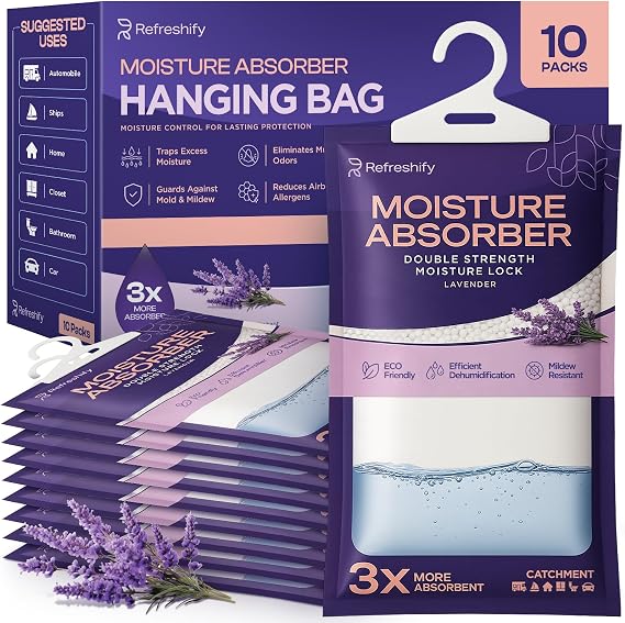 Dehumidifier Bags, Wardrobe Dehumidifier Hanging Bags - 10 Pack High-Efficiency Moisture Absorber and Humidity Packs for Home, Fragrance Free, 10 Pack (10 Pack - Lavender)