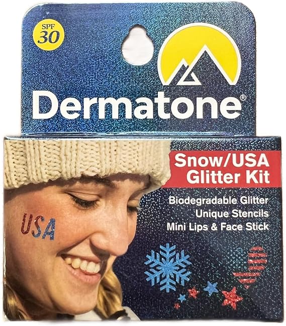 Lips & Face Glitter Kit - Snow/USA Stocking Stuffer - Biodegradbale Glitter - Includes 2 Glitter Colors + Stencil + Skin Balm to Apply - Perfect for Sports & Charity Events, Festivals & Parties