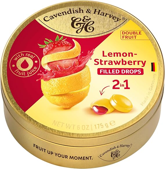 Cavendish & Harvey Double Fruit Drops Çilek Dolgulu Limon: Sıvı çilek dolgulu limon damlaları (1 x 175g)