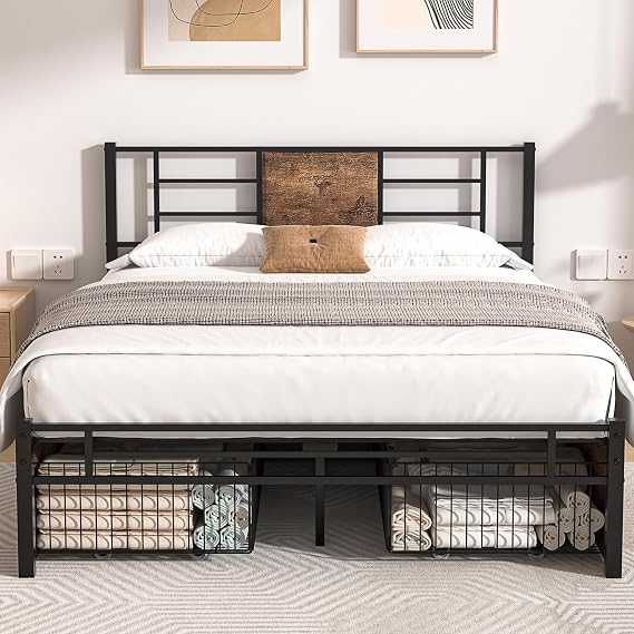 VECELO Metal Queen Size Bed Frame with Headboard, Black