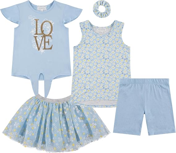 BTween Girls 4 Pack Floral Fashion Summer Clothes Set - Tutu Skirt Tank Top Short Sleeve and Biker Shorts