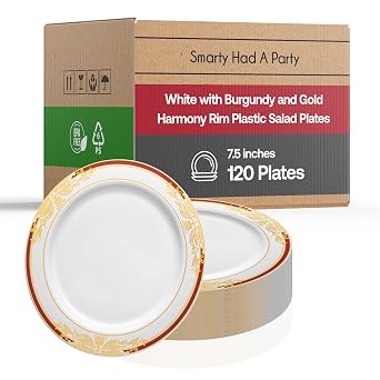 Smarty Had A Party Elegant Disposable Plastic Heavy Duty Dinnerware Sets, Fancy Design Plastic Plates, For Wedding, Birthday & All Occasions White with Gold, 7.5 Salad Plates 120 Plates