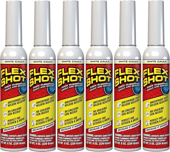 Flex Shot, 8 oz, 6-Pack, White, Flexible Rubber Silicone Sealant, Waterproof Caulk, UV Resistant, No Caulk Gun Needed, Perfect for Kitchen, Bath, Showers, Sinks, Baseboards