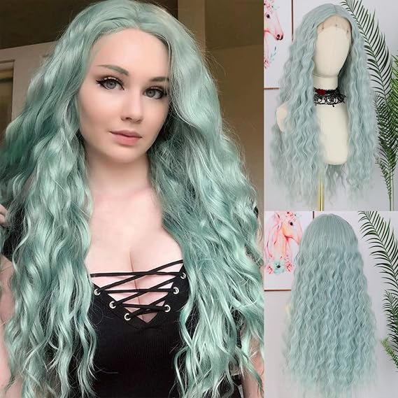 ANDRIA Mint Green Synthetic Lace Front Wig 250 Density Curly Wigs For Black Women Glueless Wigs Pre Plucked Long Loose Wave Light Green 24 Inch Heat Resistant Fiber Hair With Baby Hair