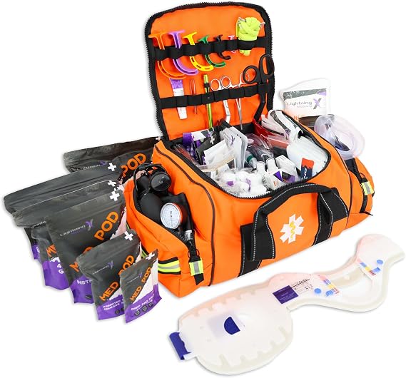 Lightning X Products Lightning X Pre-Stocked EMS/EMT Trauma Kit w/Large First Responder Bag & 256 Aid Medical Supplies - Orange
