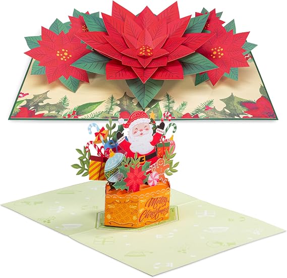 Paper Love Christmas Pop Up Cards 2 Pack - Includes 1 Poinsettia Flower and 1 Merry Christmas Card Popup, For Christmas or Holiday Greeting Cards - Includes Envelope and Removable Note Tag