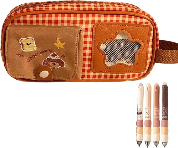 Puppy Ita Bag Kawaii Pencil Case Includes 5 Pens, Large Capacity Aesthetic Cute Puppy Pen Bag, Transparent Display Window DIY Pen Pouch with Hand Strap, Portable Lovely Pencil Box for Adults (Brown A)