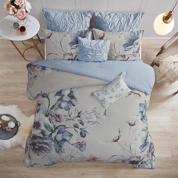 Madison Park Floral Cotton Shabby Chic Comforter Set, 8PC King Bedding Set | Feminine Design, All Season, with Comforter, Shams, Bed Skirt, Decorative Pillows, Blue