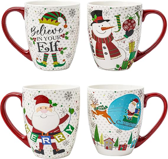 Christmas Ceramic Cup Travel Coffee Mug with Handle,18oz Porcelain Cups for Hot Cocoa Latte and Holiday Party, Microwave Safe Mugs Set of 4,Snowman,Joy and Santa Claus
