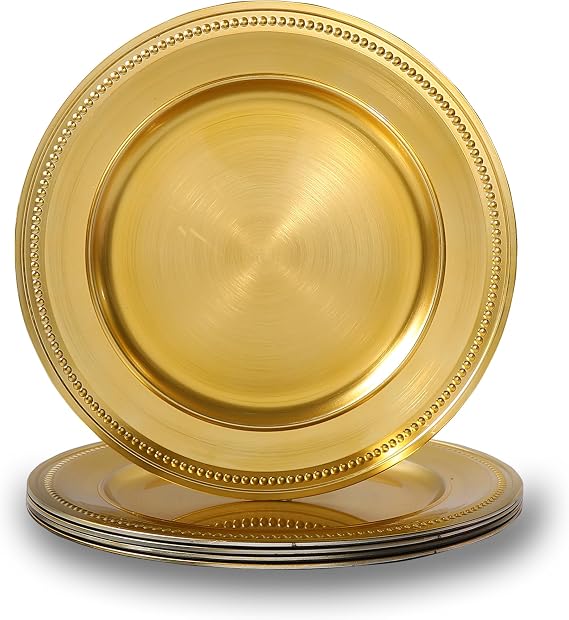 13" Vintage Charger Plates, Beaded Chargers for Dinner Plates Set of 6, Charger Plates Bulk Wedding, Foil Gold