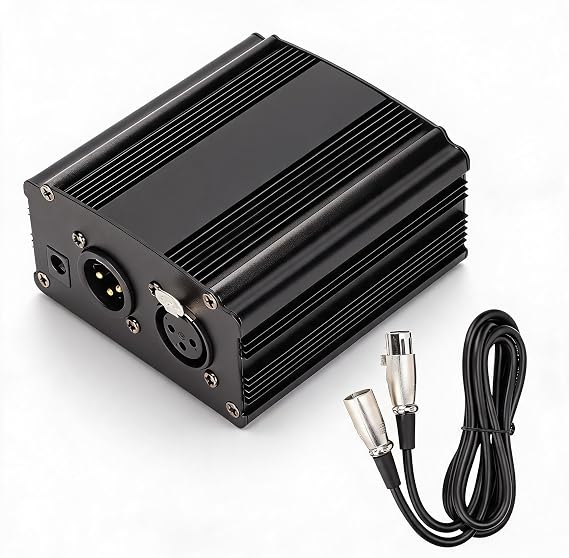 48V Power Supply, Professional Aluminum Alloy Stable Performance Condenser Microphone Power Supply with XLR Cable for Music Recording Equipment Black