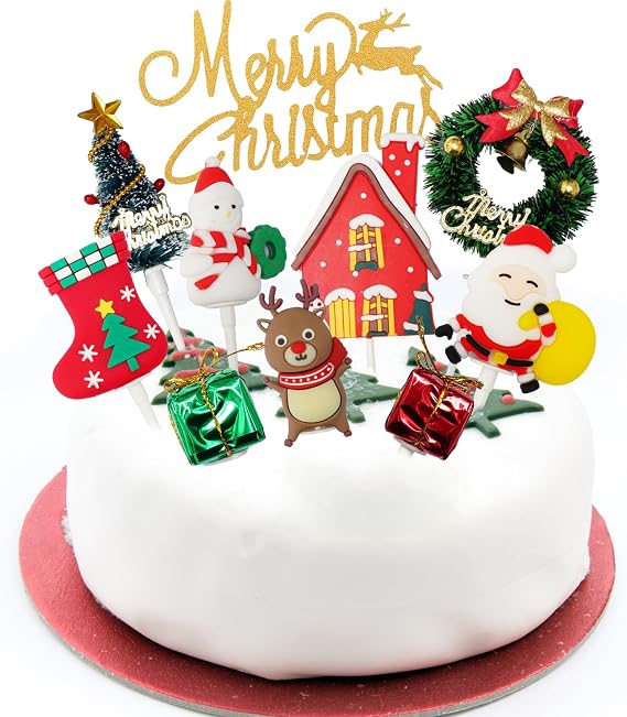 Christmas Cake Decorations, 11PCS Christmas Cake Decorations with Santa, xmas Tree, Snowman, Reindeer, Candy and More for Holiday Party Decorations