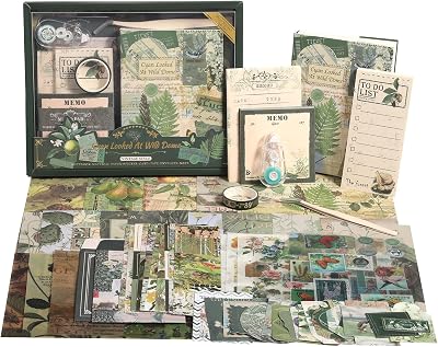 Scrapbook Photo Album Supplies Kit with Tweezers and Glue Tape, Green Aesthetic Vintage Junk Journal Scrapbooking Paper, Sticker Pack, Notebook Craft Supplies, DIY Gift for Adult Men Women Wild Dome