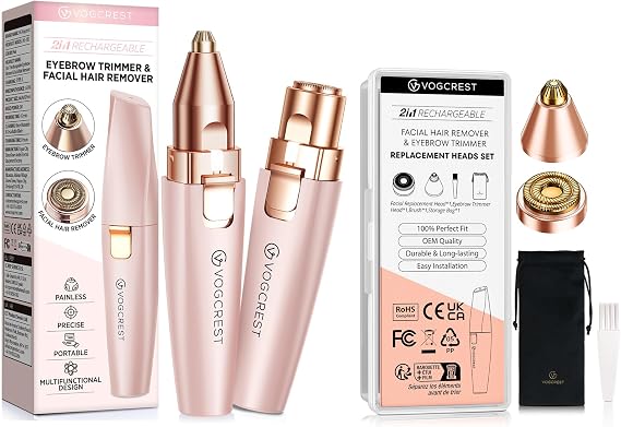 VG VOGCREST 2 in1 Trimmer with Replacement Heads - Rechargeable Facial Hair Removal and Eyebrow Shaver - Face Lips Body Painless Facial Razor with Built-in LED Light (Pink)