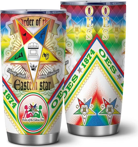 20oz OES Eastern Star 1874 Insulated Stainless Steel Tumbler with Lid | Double Wall Insulated Mug, Masonic Symbol Design, Gift for Eastern Star Members, Fits Birthday Holiday Masonic Gift